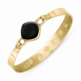 9ct Yellow Gold Whitby Jet King's Coronation Hallmark Wide Cushion Bangle D