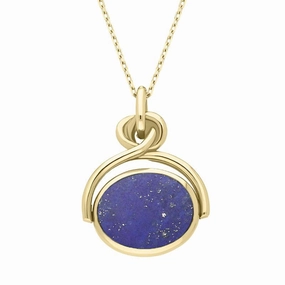 9ct Yellow Gold Whitby Jet Lapis Lazuli Oval Swivel Fob Necklace