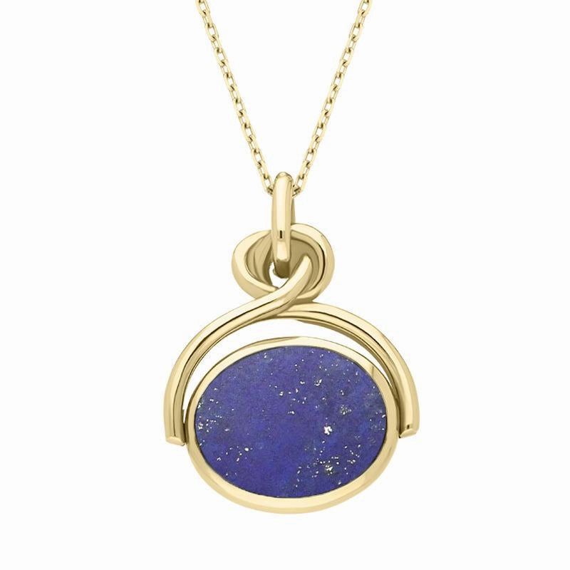 9ct Yellow Gold Whitby Jet Lapis Lazuli Oval Swivel Fob Necklace