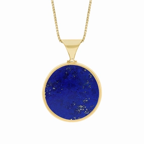 9ct Yellow Gold Whitby Jet Lapis Lazuli Queens Jubilee Hallmark Double Sided Round Necklace D