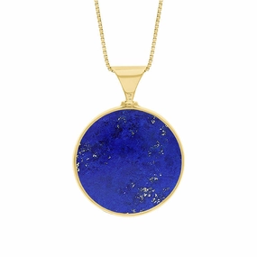 9ct Yellow Gold Whitby Jet Lapis Lazuli Queens Jubilee Hallmark Double Sided Round Necklace D