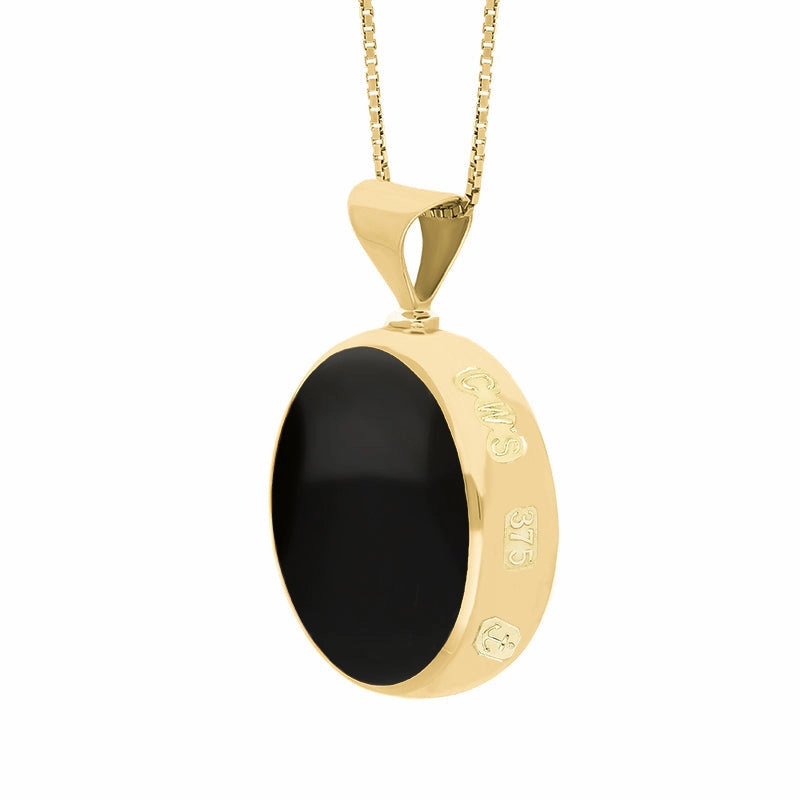 9ct Yellow Gold Whitby Jet Lapis Lazuli Queens Jubilee Hallmark Double Sided Round Necklace D