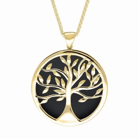 9ct Yellow Gold Whitby Jet Large Round Tree of Life Necklace