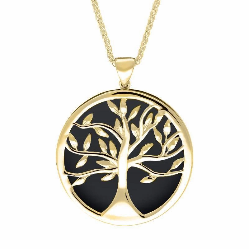9ct Yellow Gold Whitby Jet Large Round Tree of Life Necklace