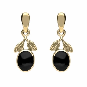9ct Yellow Gold Whitby Jet Leaf Drop Earrings