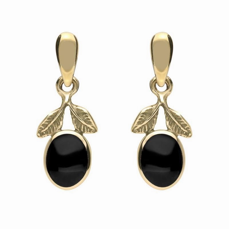 9ct Yellow Gold Whitby Jet Leaf Drop Earrings