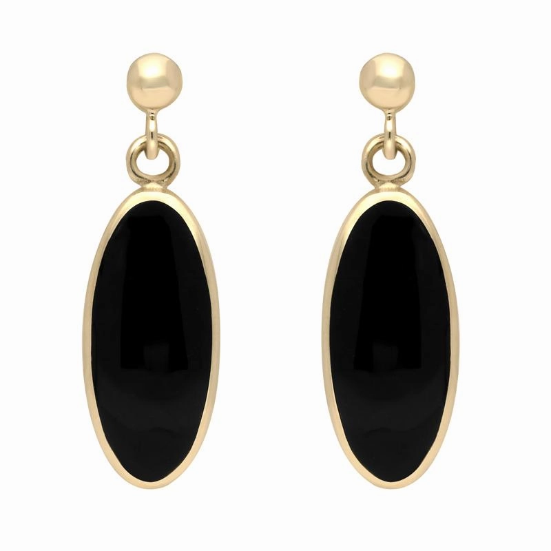 9ct Yellow Gold Whitby Jet Light Long Oval Drop Earrings
