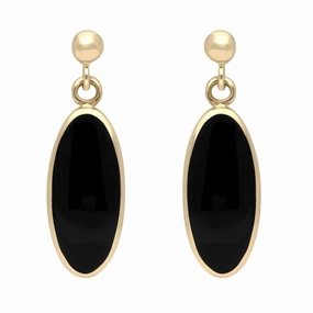 9ct Yellow Gold Whitby Jet Light Long Oval Drop Earrings