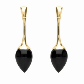 9ct Yellow Gold Whitby Jet Long Flute Pear Drop Earrings