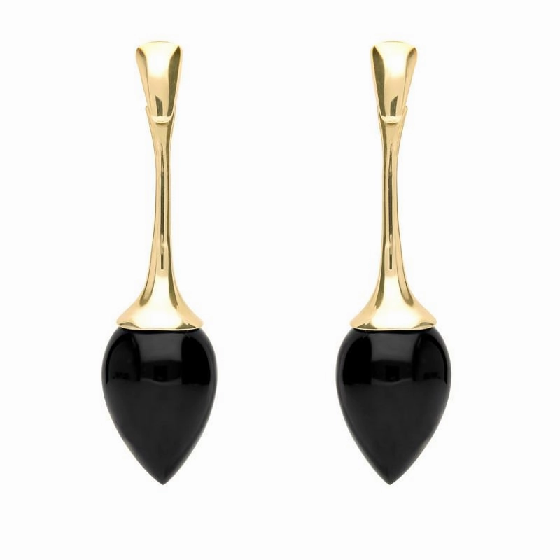 9ct Yellow Gold Whitby Jet Long Flute Pear Drop Earrings