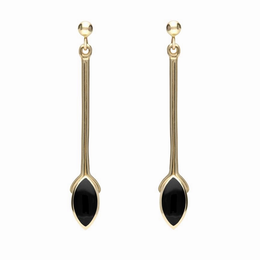 9ct Yellow Gold Whitby Jet Long Marquise Drop Earrings