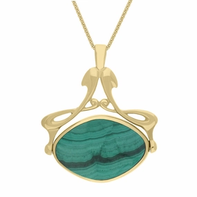 9ct Yellow Gold Whitby Jet Malachite Bell Diamond Swivel Fob Necklace