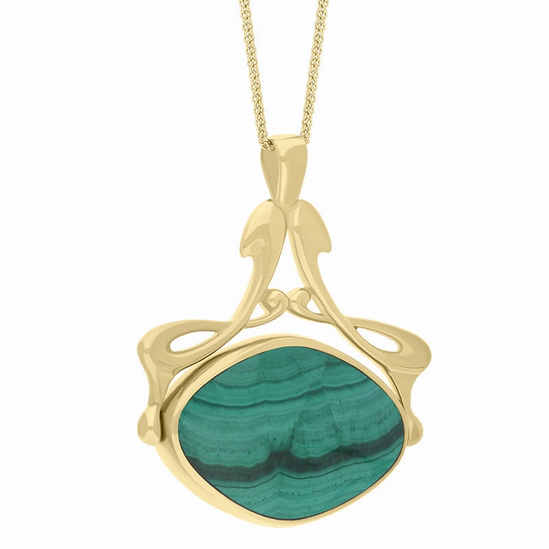 9ct Yellow Gold Whitby Jet Malachite Bell Diamond Swivel Fob Necklace