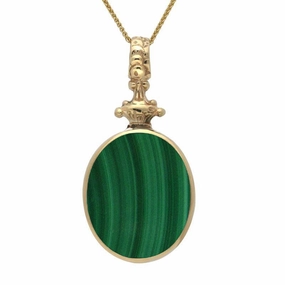 9ct Yellow Gold Whitby Jet Malachite Double Sided Oval Fob Necklace