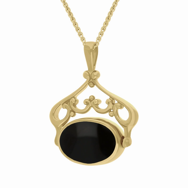 9ct Yellow Gold Whitby Jet Malachite Double Sided Oval Swivel Fob Necklace