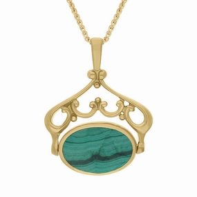 9ct Yellow Gold Whitby Jet Malachite Double Sided Oval Swivel Fob Necklace