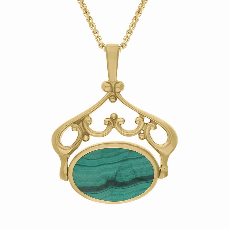9ct Yellow Gold Whitby Jet Malachite Double Sided Oval Swivel Fob Necklace