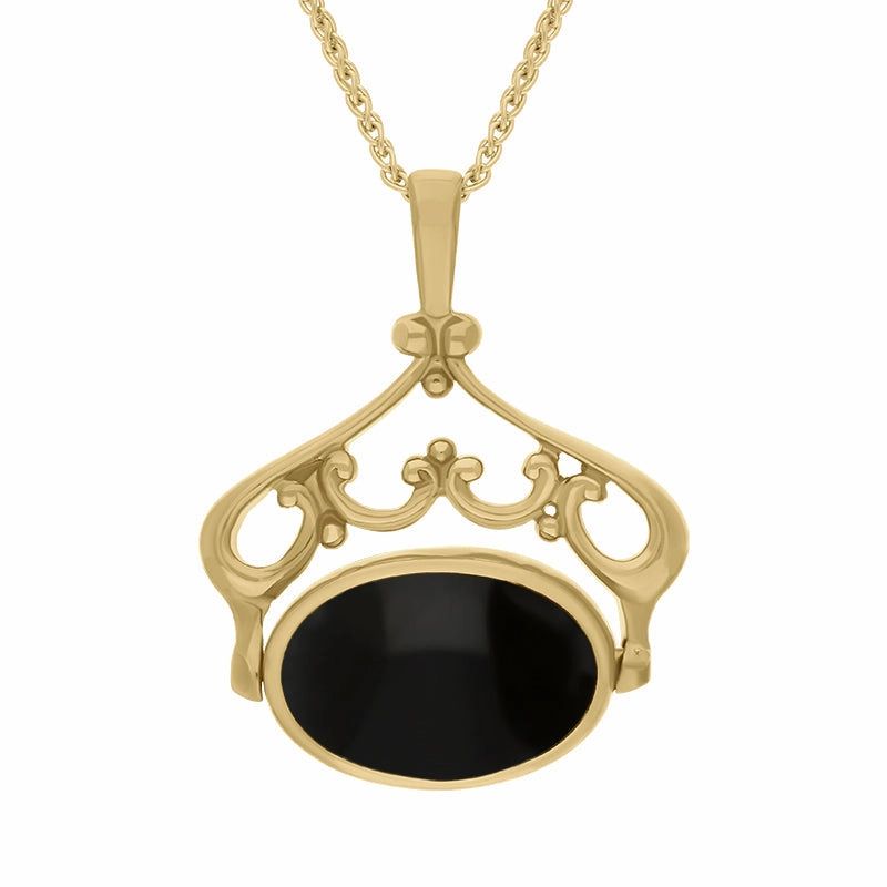 9ct Yellow Gold Whitby Jet Malachite Double Sided Oval Swivel Fob Necklace