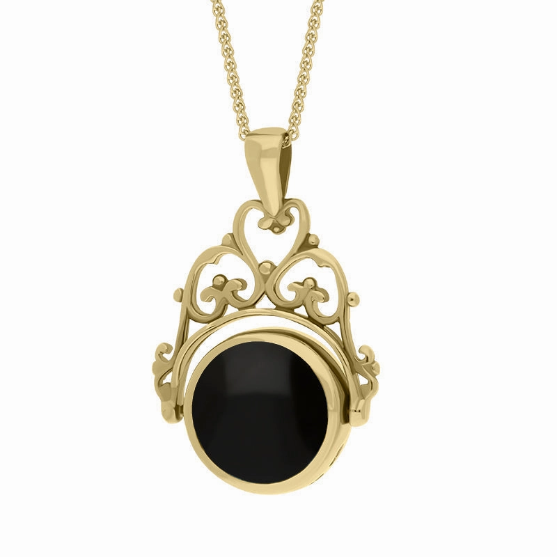 9ct Yellow Gold Whitby Jet Malachite Double Sided Round Swivel Fob Necklace