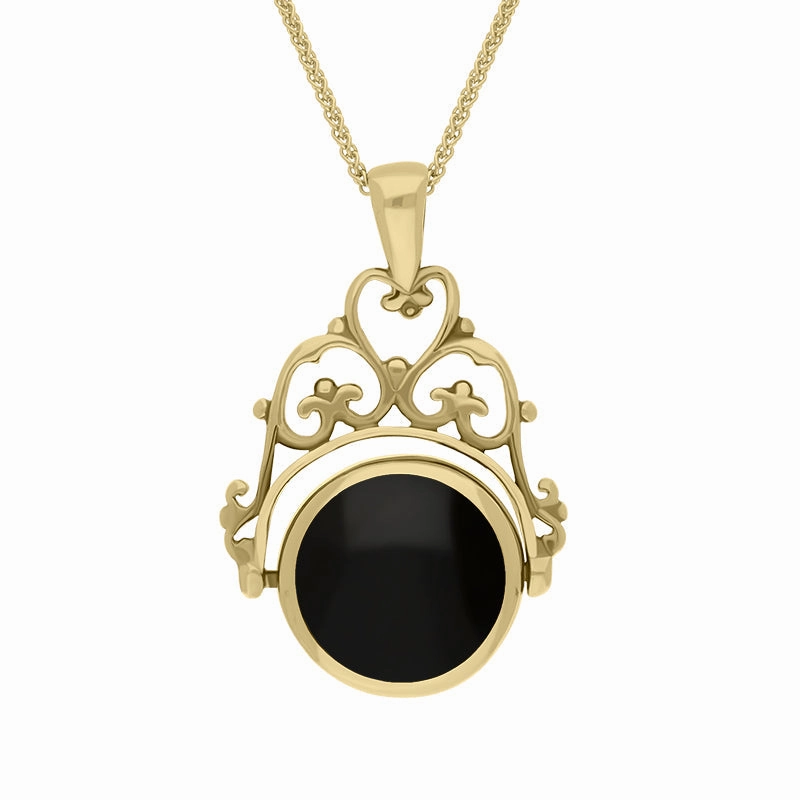 9ct Yellow Gold Whitby Jet Malachite Double Sided Round Swivel Fob Necklace