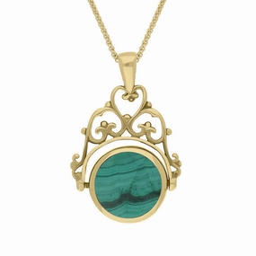 9ct Yellow Gold Whitby Jet Malachite Double Sided Round Swivel Fob Necklace