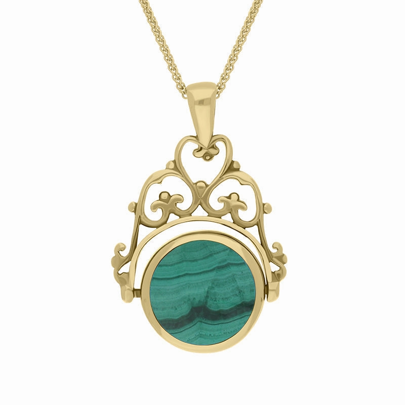 9ct Yellow Gold Whitby Jet Malachite Double Sided Round Swivel Fob Necklace