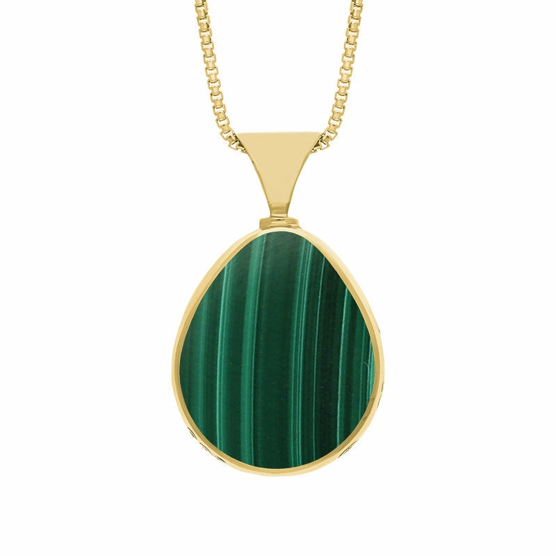 9ct Yellow Gold Whitby Jet Malachite Hallmark Double Sided Pear-shaped Necklace