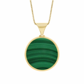 9ct Yellow Gold Whitby Jet Malachite King's Coronation Hallmark Double Sided Round Necklace D