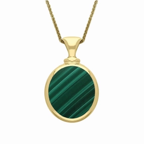 9ct Yellow Gold Whitby Jet Malachite Small Double Sided Oval Fob Necklace