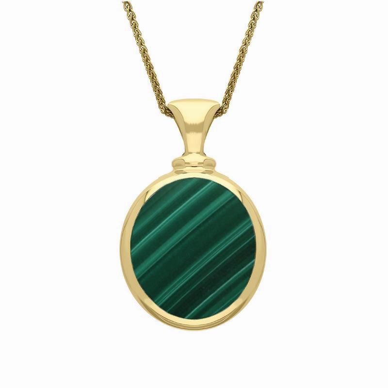 9ct Yellow Gold Whitby Jet Malachite Small Double Sided Oval Fob Necklace