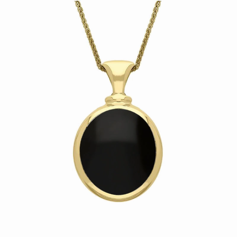 9ct Yellow Gold Whitby Jet Malachite Small Double Sided Oval Fob Necklace