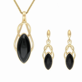 9ct Yellow Gold Whitby Jet Marquise Celtic Twist Two Piece Set