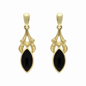 9ct Yellow Gold Whitby Jet Marquise Drop Earrings