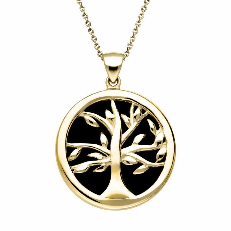 9ct Yellow Gold Whitby Jet Medium Round Tree of Life Necklace