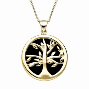 9ct Yellow Gold Whitby Jet Medium Round Tree of Life Necklace