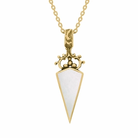 9ct Yellow Gold Whitby Jet Mother Of Pearl Double Sided Dagger Fob Necklace