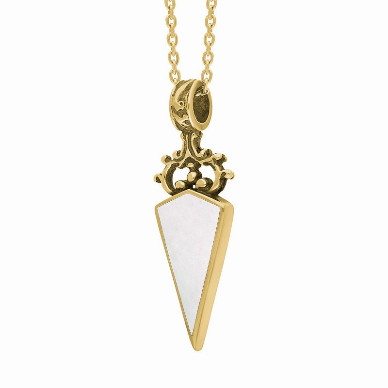 9ct Yellow Gold Whitby Jet Mother Of Pearl Double Sided Dagger Fob Necklace