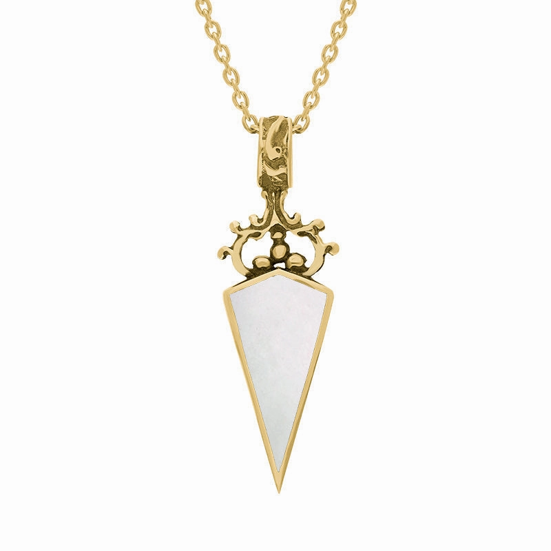 9ct Yellow Gold Whitby Jet Mother Of Pearl Double Sided Dagger Fob Necklace