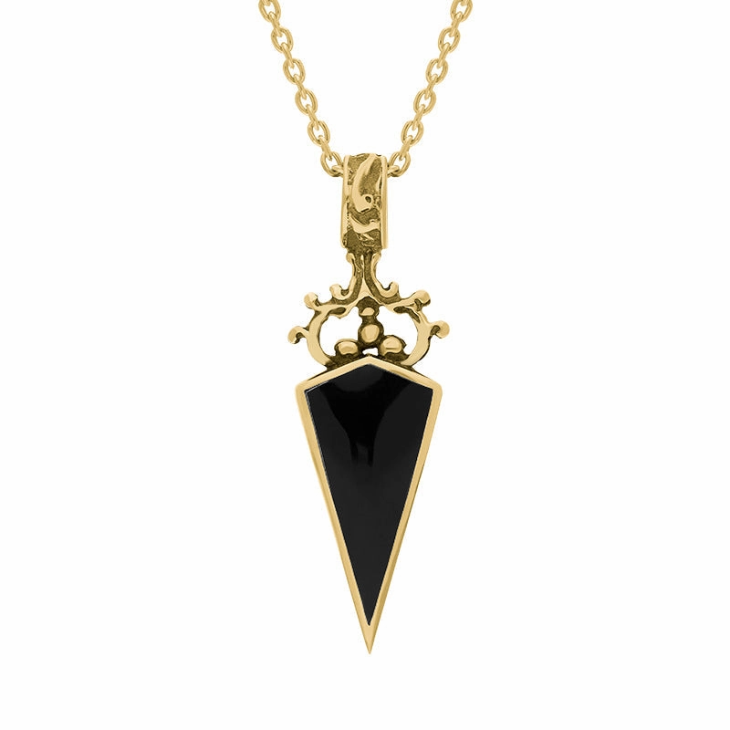 9ct Yellow Gold Whitby Jet Mother Of Pearl Double Sided Dagger Fob Necklace