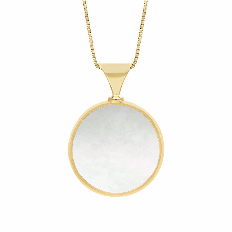 9ct Yellow Gold Whitby Jet Mother of Pearl King's Coronation Hallmark Double Sided Round Necklace D