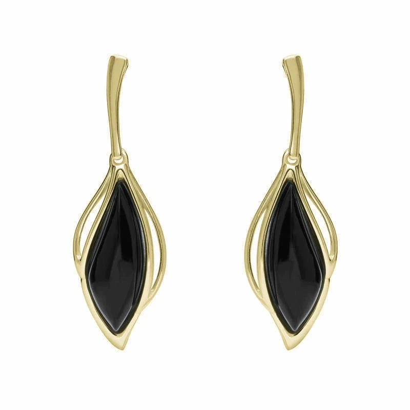 9ct Yellow Gold Whitby Jet Open Marquise Drop Earrings