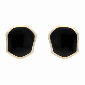 9ct Yellow Gold Whitby Jet Organic Concave Stud Earrings