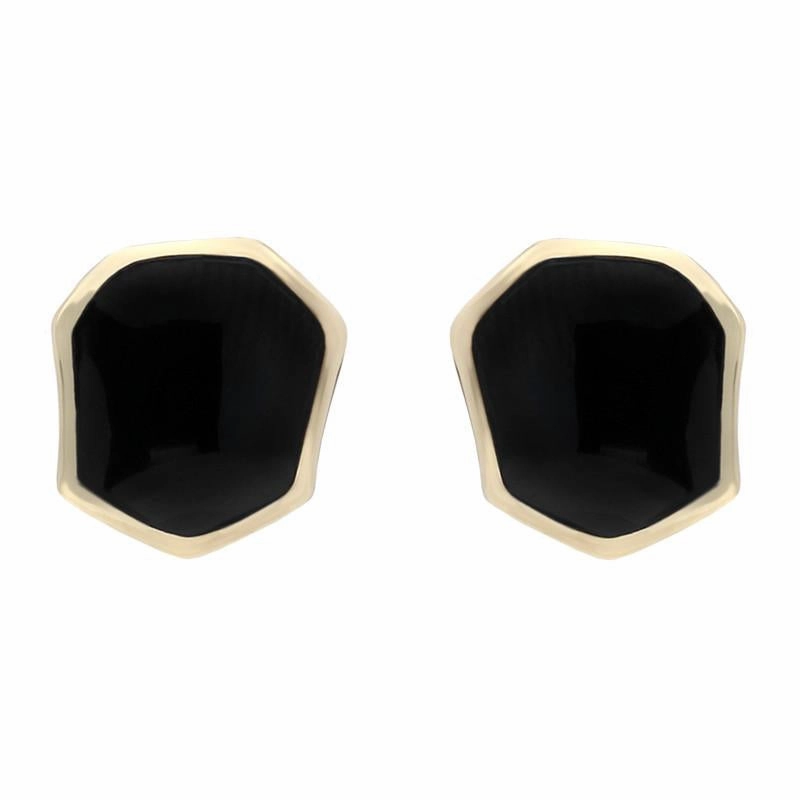 9ct Yellow Gold Whitby Jet Organic Concave Stud Earrings