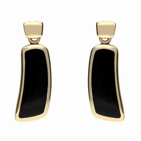 9ct Yellow Gold Whitby Jet Organic Curved Drop Earrings