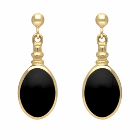 9ct Yellow Gold Whitby Jet Oval Bottletop Drop Earrings