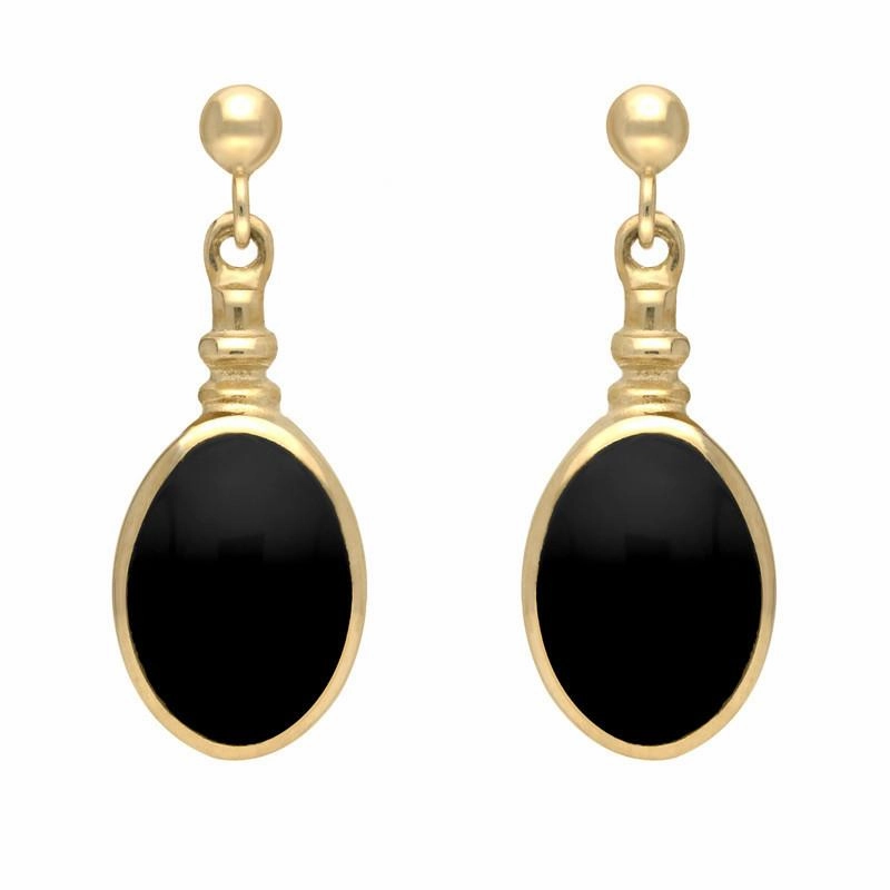 9ct Yellow Gold Whitby Jet Oval Bottletop Drop Earrings