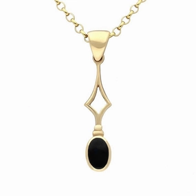 9ct Yellow Gold Whitby Jet Oval Drop Necklace
