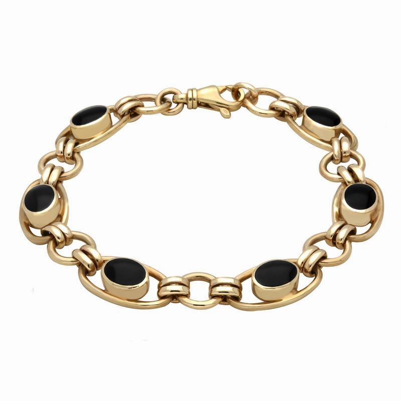 9ct Yellow Gold Whitby Jet Oval Loop Link Bracelet