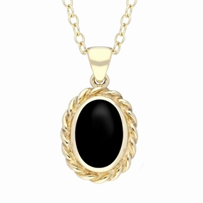 9ct Yellow Gold Whitby Jet Oval Rope Frame Necklace