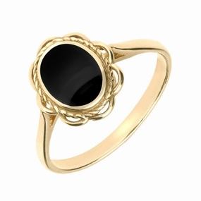 9ct Yellow Gold Whitby Jet Oval Rope Frill Ring